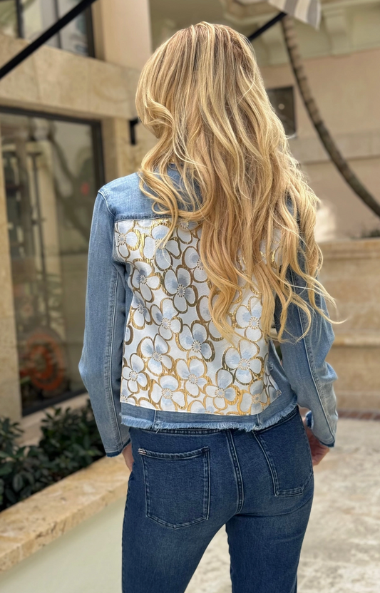 LIGHT DENIM JEAN JACKET WITH WHITE LOTUS PRINT